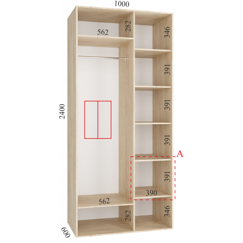 Шкаф-купе "Standart", прямой, размером 240х60х100см, с перекладиной