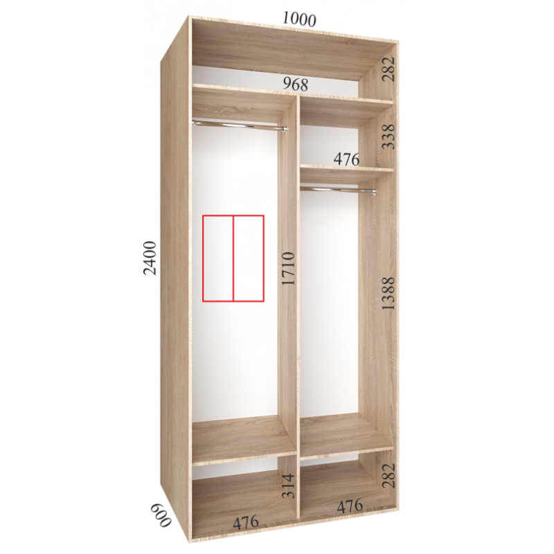 Шкаф-купе "Lux", прямой, размером 240х60х100см, с перекладинами
