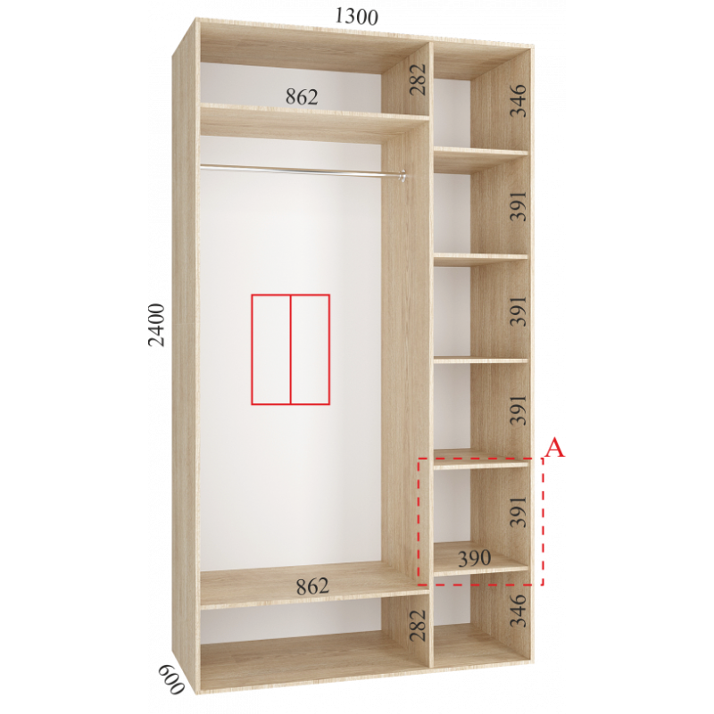 Шкаф-купе "Standart", прямой, размером 240х60х130см, с перекладиной