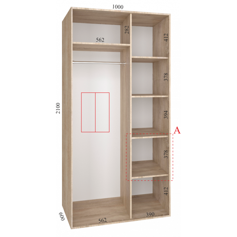 Шкаф-купе "Standart", прямой, размером 210х60х100см, с перекладиной