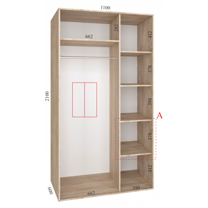 Шкаф-купе "Standart", прямой, размером 210х60х110см, с перекладиной