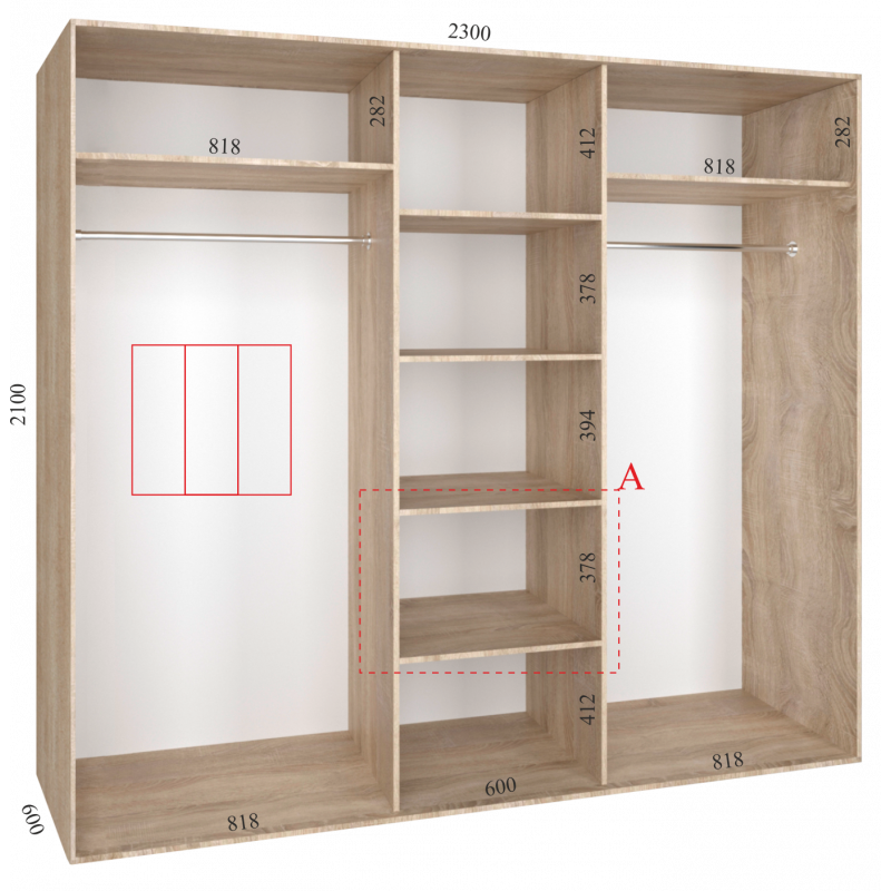 Шкаф-купе "Standart", прямой, размером 210х60х230см, с перекладиной