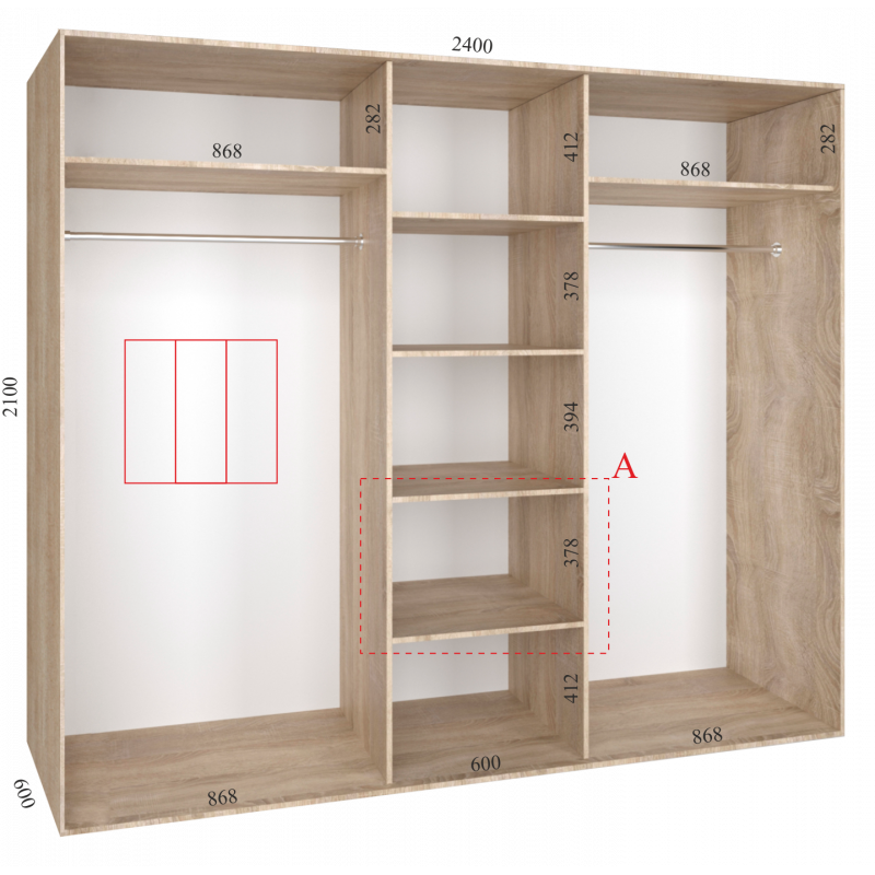 Шкаф-купе "Standart", прямой, размером 210х60х240см, с перекладиной
